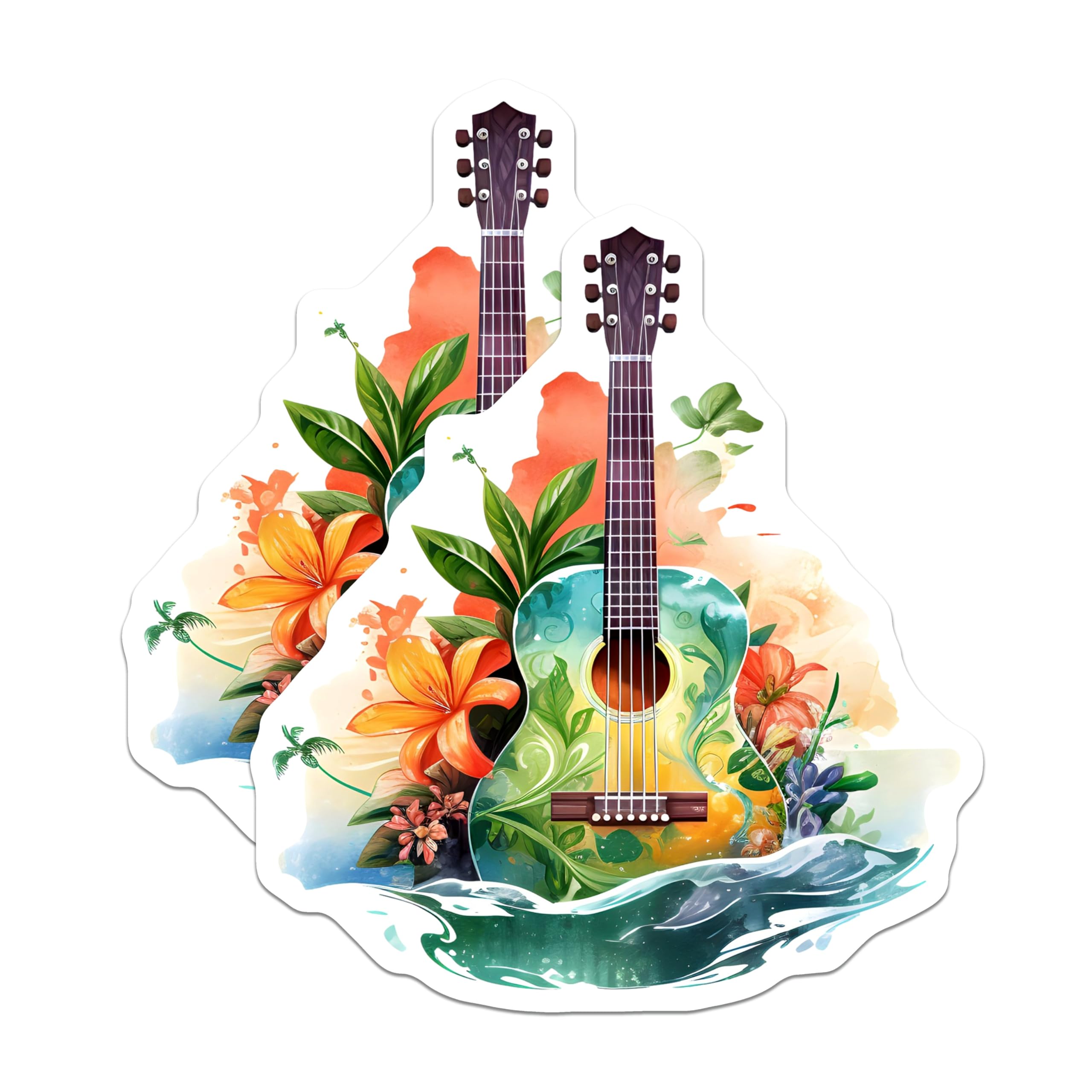 (2 Pack) Tropical Guitar Magnets - Watercolor Music Decor - Aesthetic Kitchen Magnets - 5 Inches On Longest Side - Thick Durable Magnet - Made in USA - MAG23231