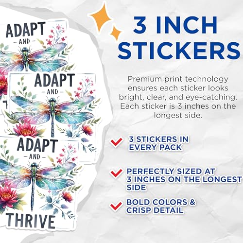 (3 Pack) Adapt and Thrive Decals - Dragonfly Decor - Motivational Laptop Decals - 3 Inches On Longest Side - Easy Peel & Apply - Made in USA - 3MCS1523