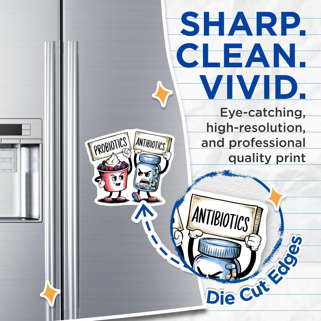 (2 Pack) Funny Probiotics Versus Antibiotics Magnets - Kitchen Decor - Health Humor - 5" On Longest Side - for Cars, Fridges, Toolboxes - Made in USA - MAG7634