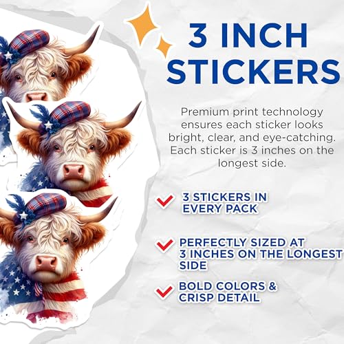 (3 Pack) Highland Cow Decals - Patriotic Bull - Scottish Heifer- 3 Inches On Longest Side - Easy Peel & Apply - Made in USA - 3MCS5108