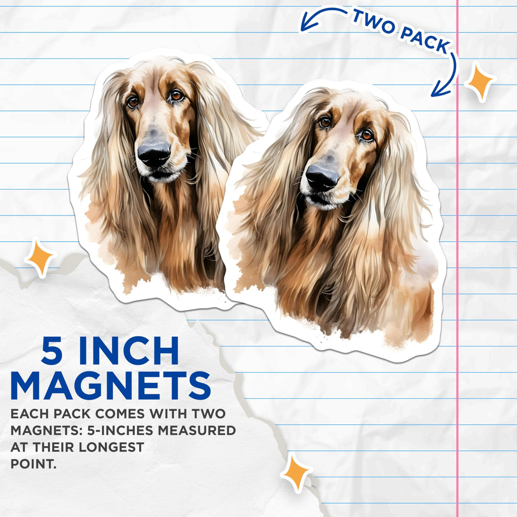 (2 Pack) Afghan Hound Magnets - Watercolor Dog Art - Elegant Pet Decor - 5 Inches On Longest Side - Thick Durable Magnet - Made in USA - MAG27685