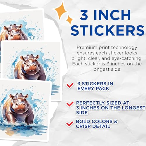 (3 Pack) Hippo Decals - Watercolor Hippopotamus - Animal Art Laptop Decal - 3 Inches On Longest Side - Easy Peel & Apply - Made in USA - 3MCS7466