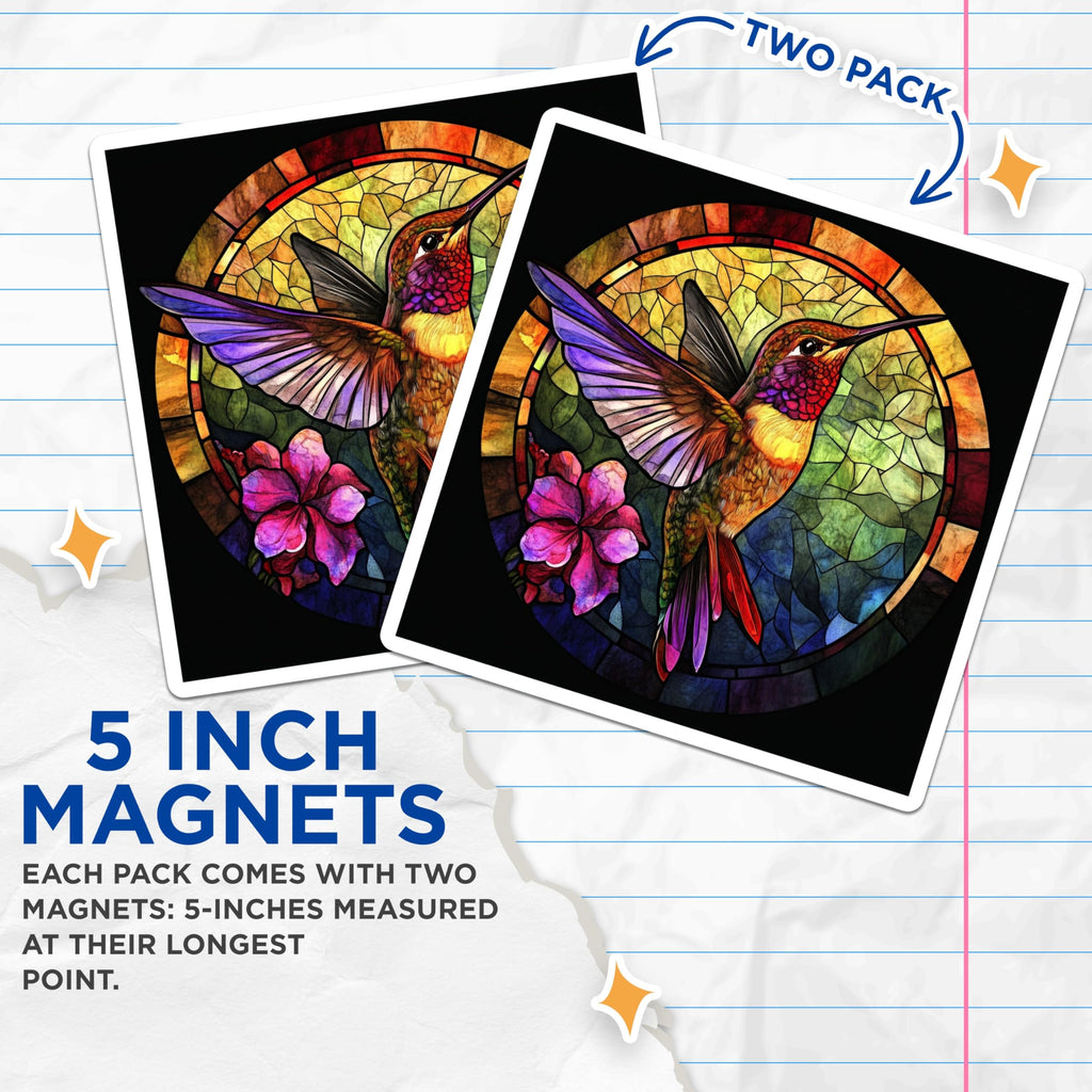 (2 Pack) Stained Glass Hummingbird Magnets - Vibrant Bird Decor - Nature Art Collectibles - 5 Inches On Longest Side - Thick Durable Magnet - Made in USA - MAG24907