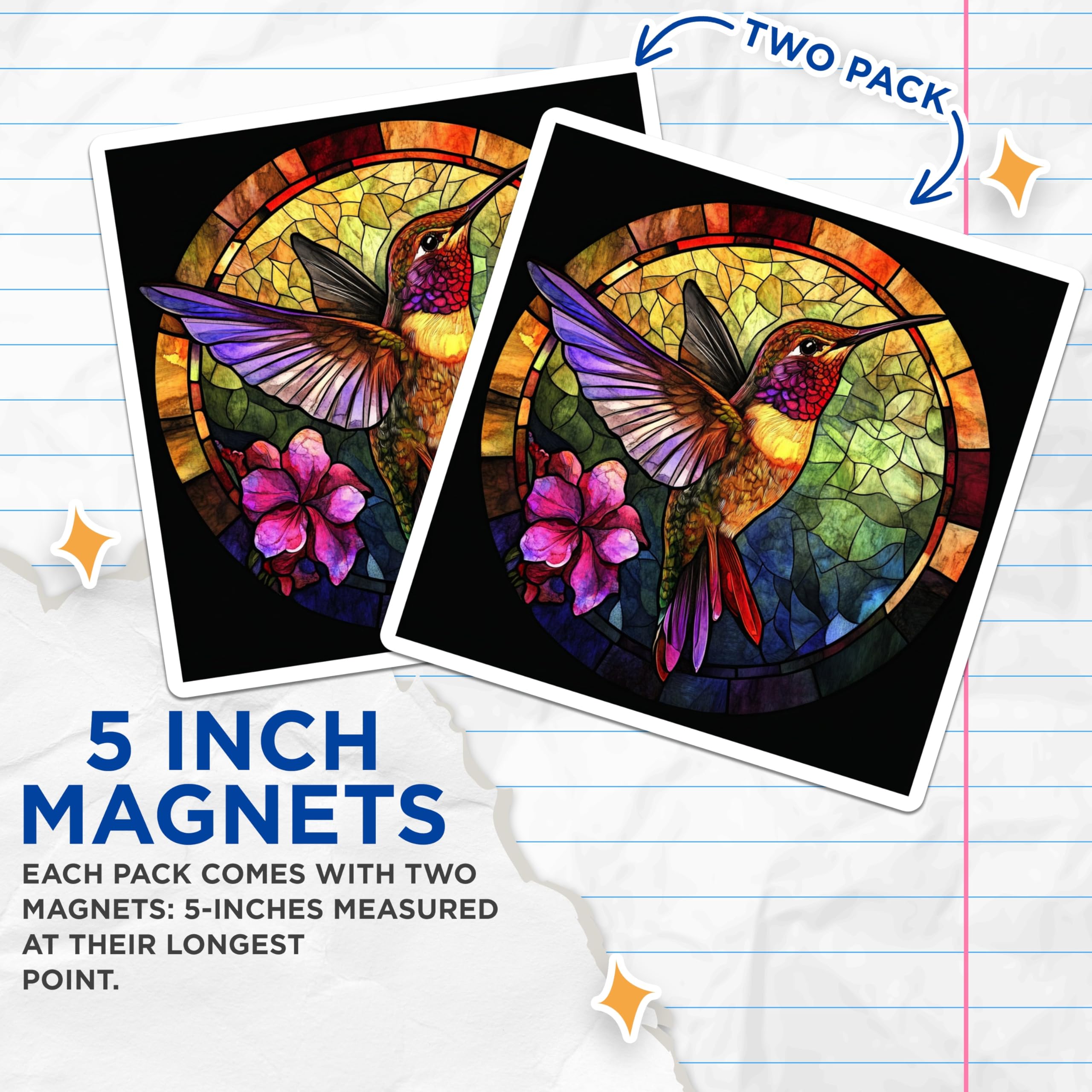 (2 Pack) Stained Glass Hummingbird Magnets - Vibrant Bird Decor - Nature Art Collectibles - 5 Inches On Longest Side - Thick Durable Magnet - Made in USA - MAG24907