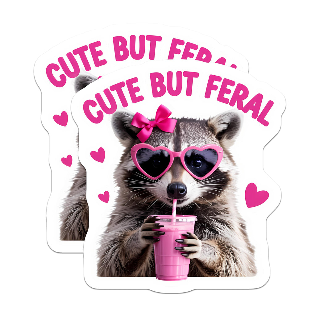 (2 Pack) Cute But Feral Raccoon Magnets - Sassy Animal Art - Pink Bow Heart Sunglasses Refrigerator Decor - 5 Inches On Longest Side - Thick Durable Magnet - Made in USA - MAG21507