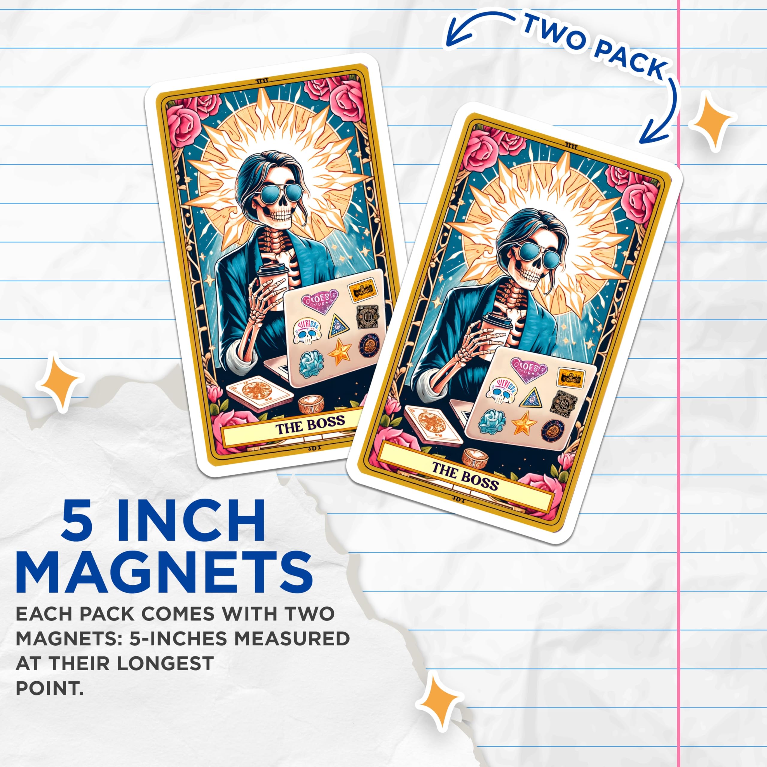 (2 Pack) Boss Skeleton Tarot Card Magnets - Work from Home Office Decor - Entrepreneur Coffee Lover Aesthetic - 5 Inches On Longest Side - Thick Durable Magnet - Made in USA - MAG21941