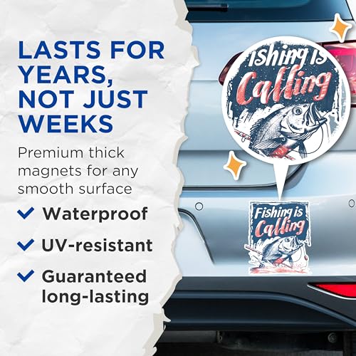(2 Pack) Fishing is Calling Magnets - Fisherman Decor Magnets - Angler's Refrigerator Magnets - Catch of The Day Magnets- 5" On Longest Side - for Fridges, Toolboxes, Cars - Made in USA - MAG2625