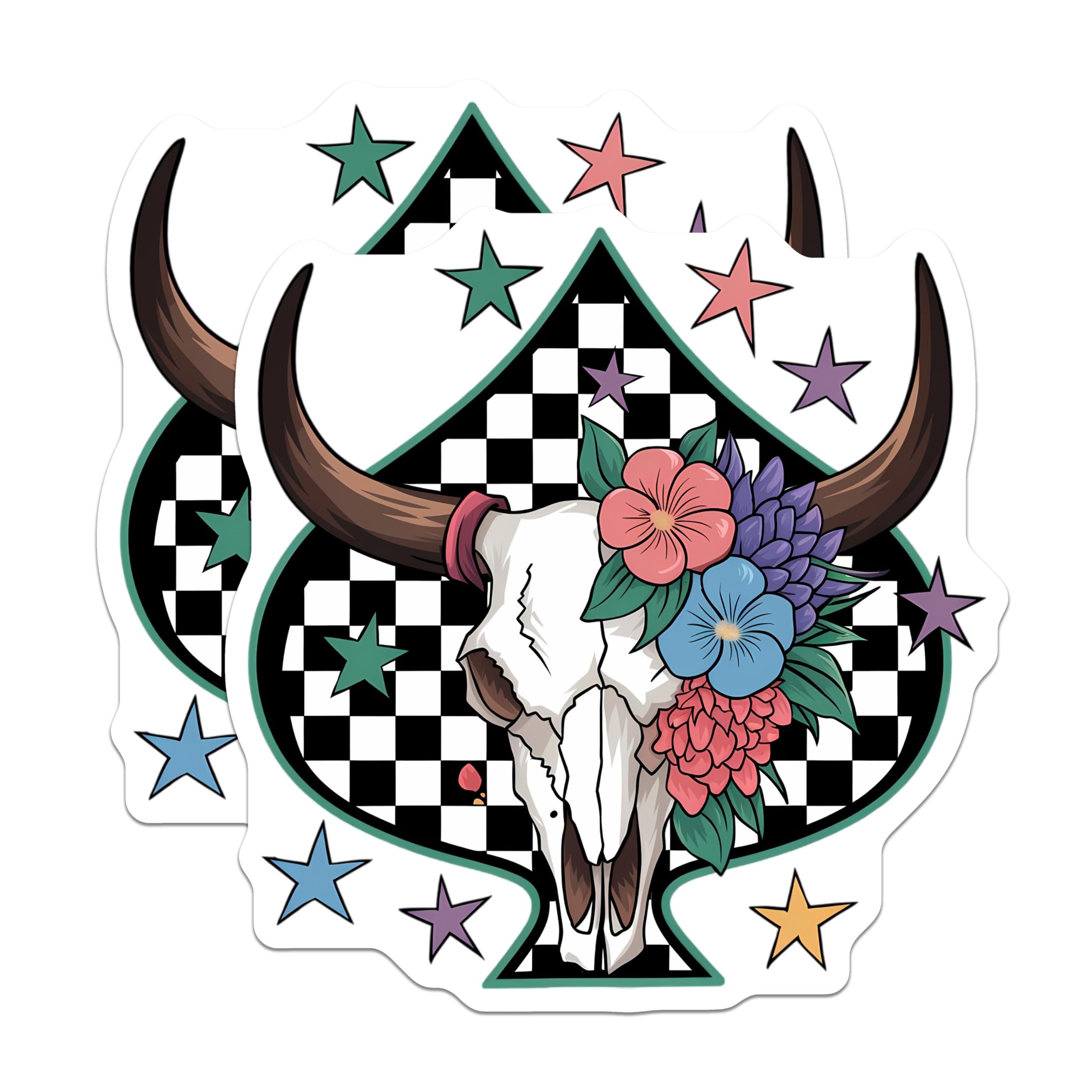 (2 Pack) Longhorn Skull Magnets - Floral Western Decor - Checkered Spade Art - Boho Southwestern Home Decor Accents - 5 Inches On Longest Side - Thick Durable Magnet - Made in USA - MAG21122