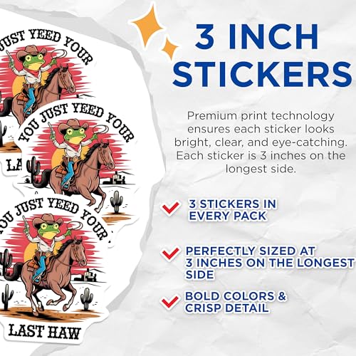 (3 Pack) Frog Cowboy Decals - Funny Western Sticker - Laptop Decal- 3 Inches On Longest Side - Easy Peel & Apply - Made in USA - 3MCS5451