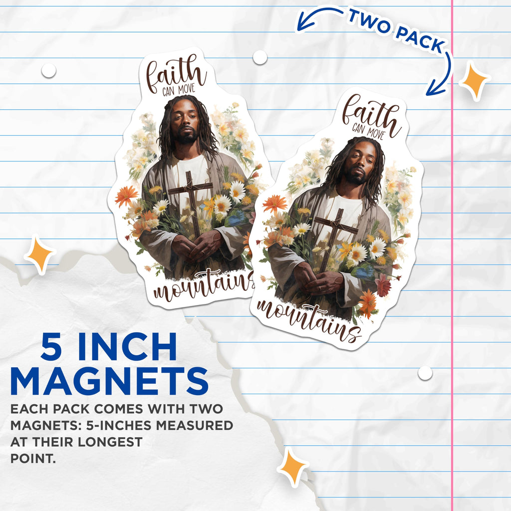(2 Pack) Black Jesus Christ Magnets - Faith Can Move Mountains Scripture Quote - Inspirational Christian Refrigerator Decor - 5 Inches On Longest Side - Thick Durable Magnet - Made in USA - MAG22388