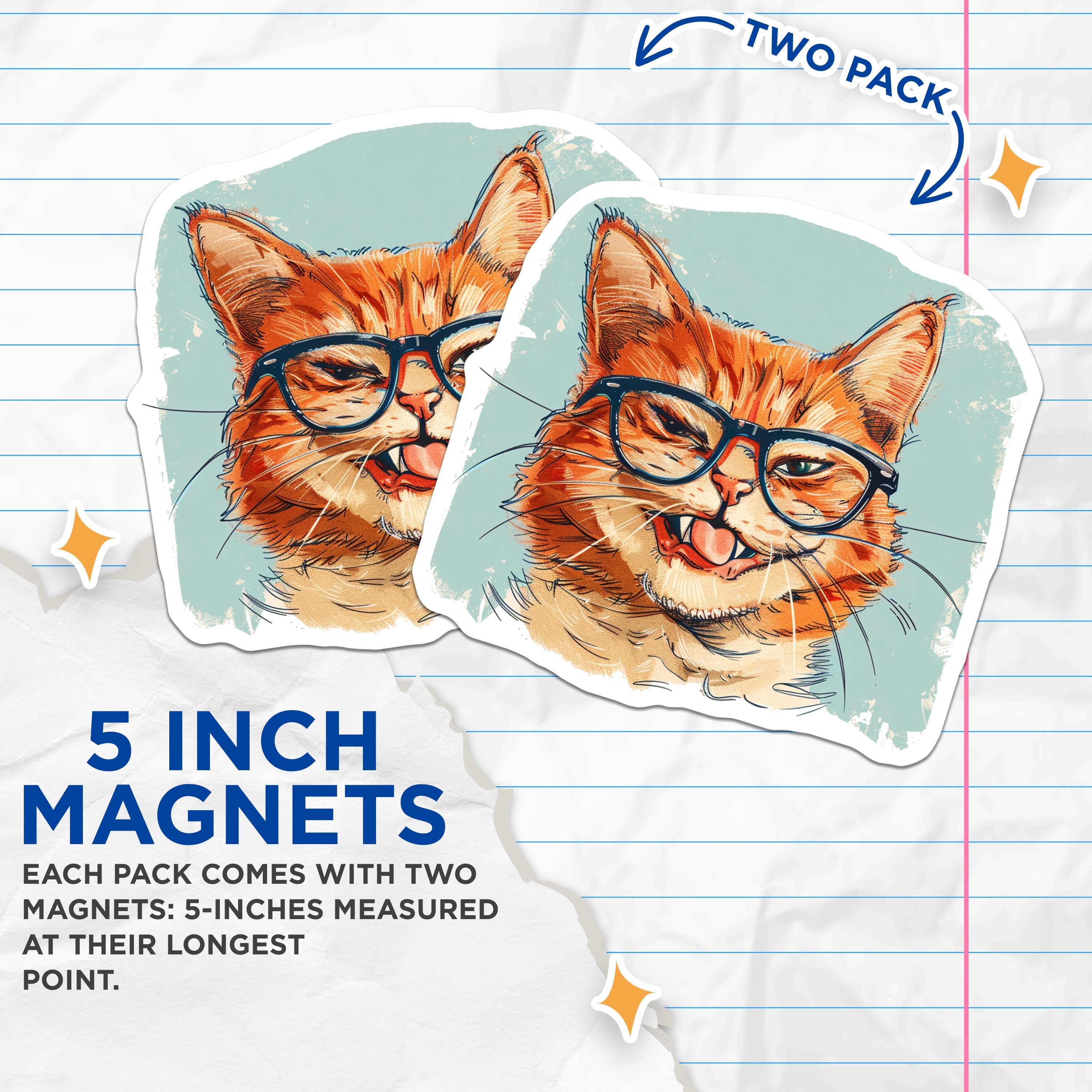 (2 Pack) Funny Cat Magnets - Quirky Orange Feline Fridge Decor - Cool Feline Lover Art - Hipster Animal Accessory for Kitchen - 5 Inches On Longest Side - Thick Durable Magnet - Made in USA - MAG38205