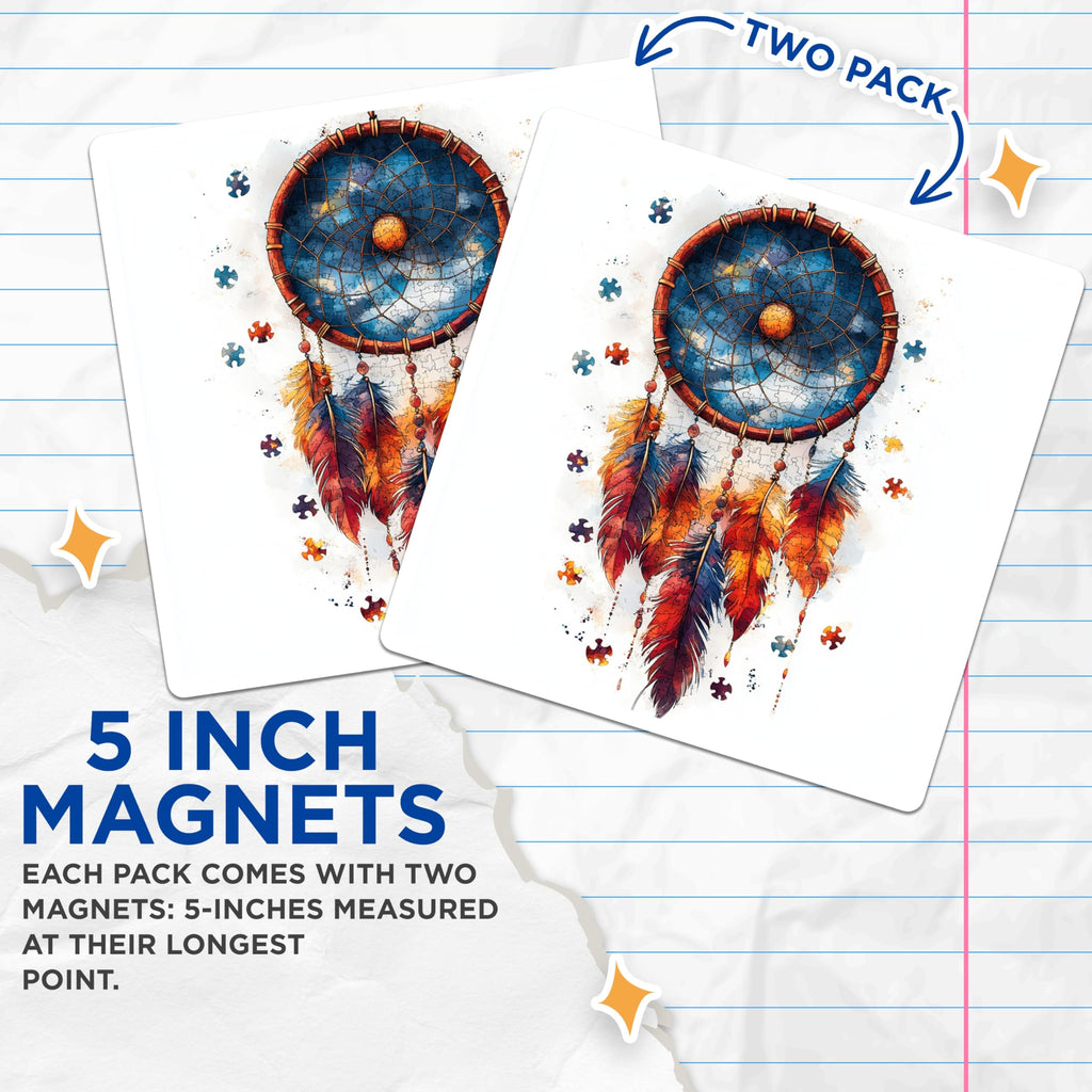 (2 Pack) Dreamcatcher Magnets - Intricate Puzzle Piece Art - Bohemian Feather Decor - Mystical Spiritual Home Accents - 5 Inches On Longest Side - Thick Durable Magnet - Made in USA - MAG23596