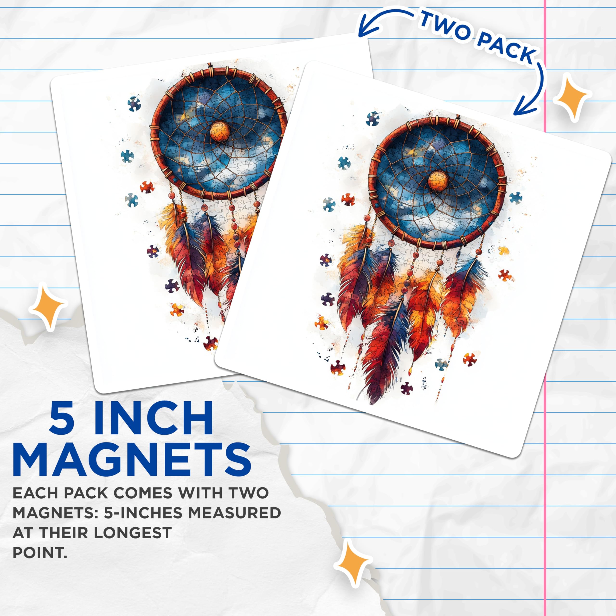 (2 Pack) Dreamcatcher Magnets - Intricate Puzzle Piece Art - Bohemian Feather Decor - Mystical Spiritual Home Accents - 5 Inches On Longest Side - Thick Durable Magnet - Made in USA - MAG23596