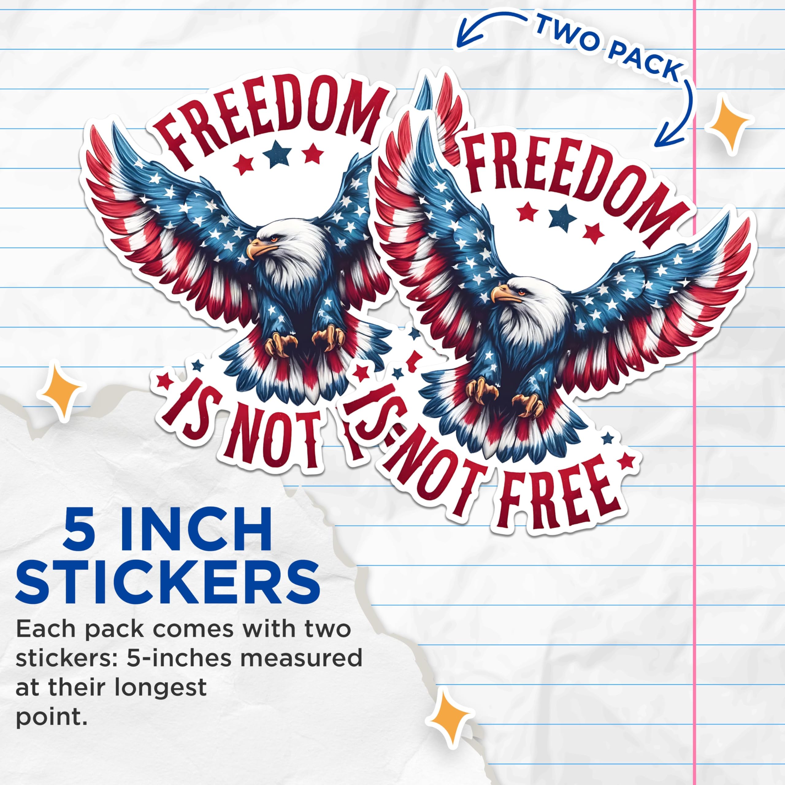 (2 Pack) Freedom is Not Free Stickers - Patriotic Eagle Stickers - American Pride Stickers - 5" On Longest Side - Sticks to Any Smooth Flat Surface - Made in USA - BMCS2703