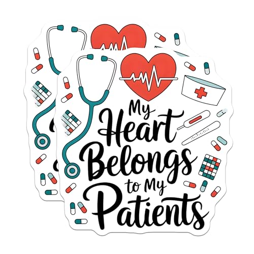 (2 Pack) Medical Nurse Stickers - Heart Belongs to Patients - Nursing Appreciation - Healthcare Hero Vinyl Decal - 5" On Longest Side - Sticks to Smooth Flat Surfaces - Made in USA - BMCS6439