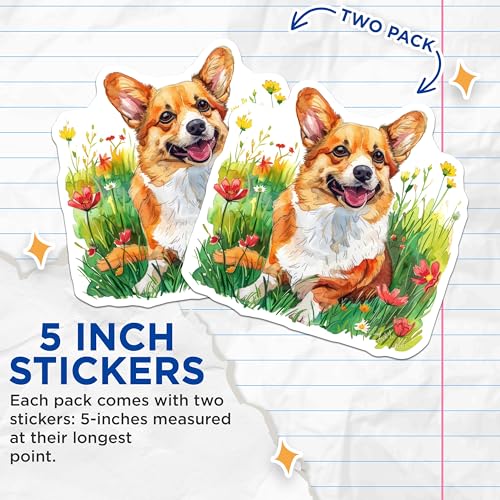 (2 Pack) Corgi Dog Stickers - Cute Pet Illustration - Adorable Cartoon Canine Stickers - 5" On Longest Side - Sticks to Smooth Flat Surfaces - Made in USA - BMCS6717