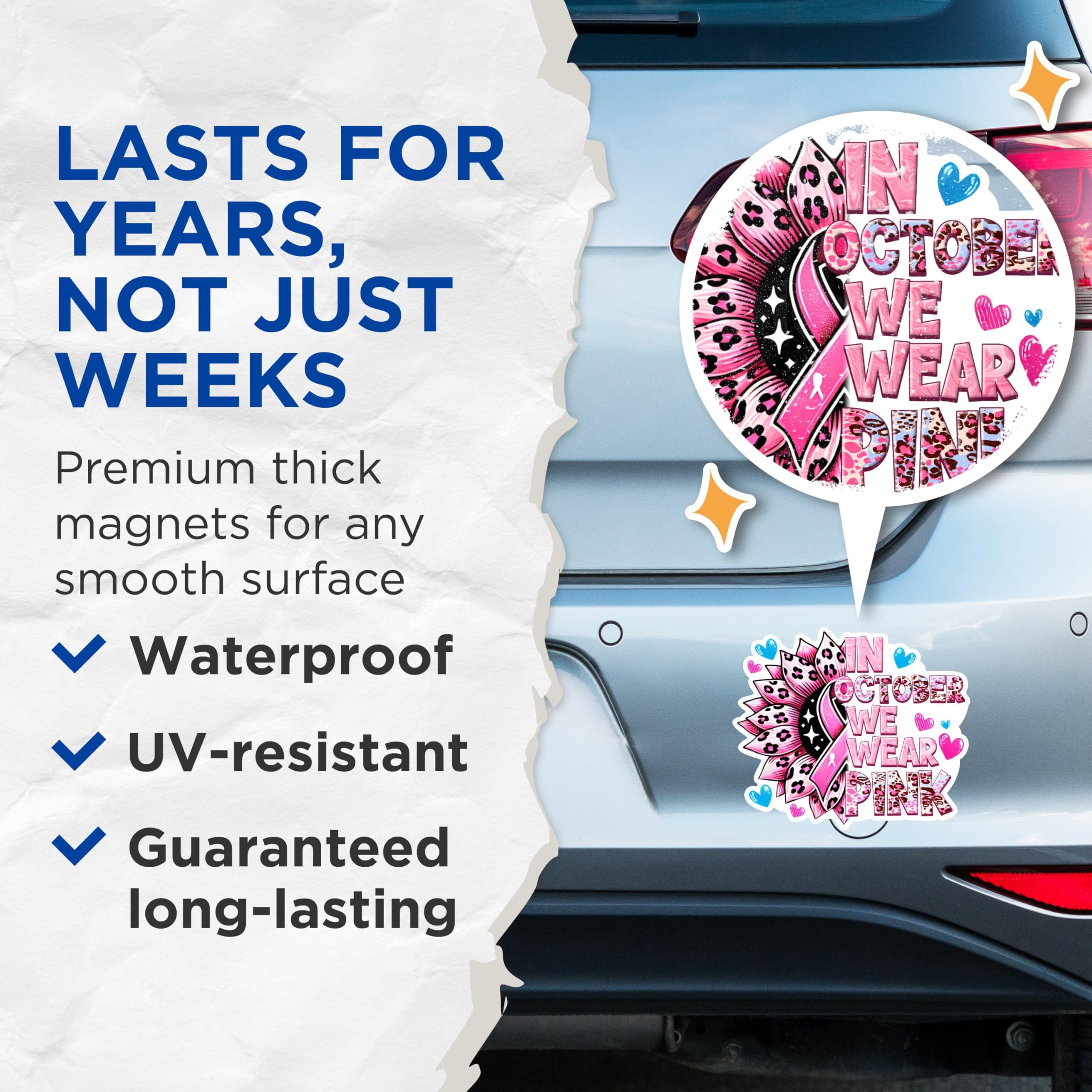 (2 Packs) in October We Wear Pink Magnets - Pink Breast Cancer Awareness Magnets - 5 Inches On Longest Side - Premium Magnet - for Fridges, Toolboxes, Cars - Made in USA - MAG2439
