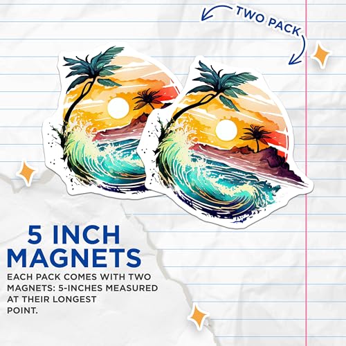(2 Pack) Tropical Island Sunset Magnets Magnets - Beach Scene Home Decoration - Sun and Palm Trees Magnet Art - 5" On Longest Side - Made in USA - Sticks to Refrigerators & Metal Surfaces - MAG9269