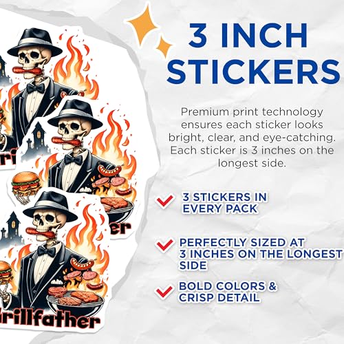 (3 Pack) Grillfather Decals - BBQ Dad - Funny Skeleton - Grilling Decal - Grill Master - 3 Inches On Longest Side - Easy Peel & Apply - Made in USA - 3MCS6220