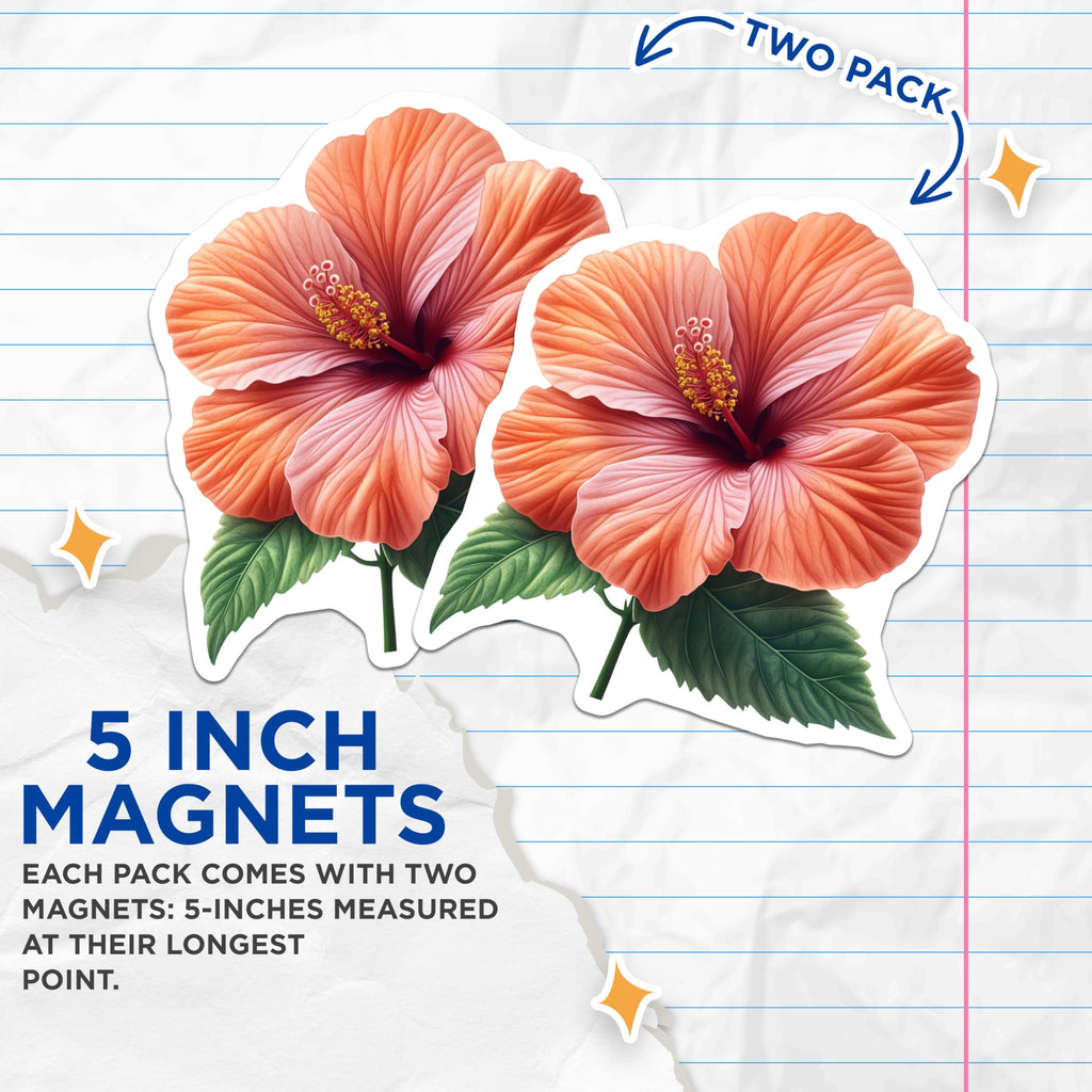 (2 Pack) Vibrant Hibiscus Flower Magnets - Tropical Floral Decor Aesthetic - Summer Kitchen Fridge Magnets - 5 Inches On Longest Side - Thick Durable Magnet - Made in USA - MAG30076