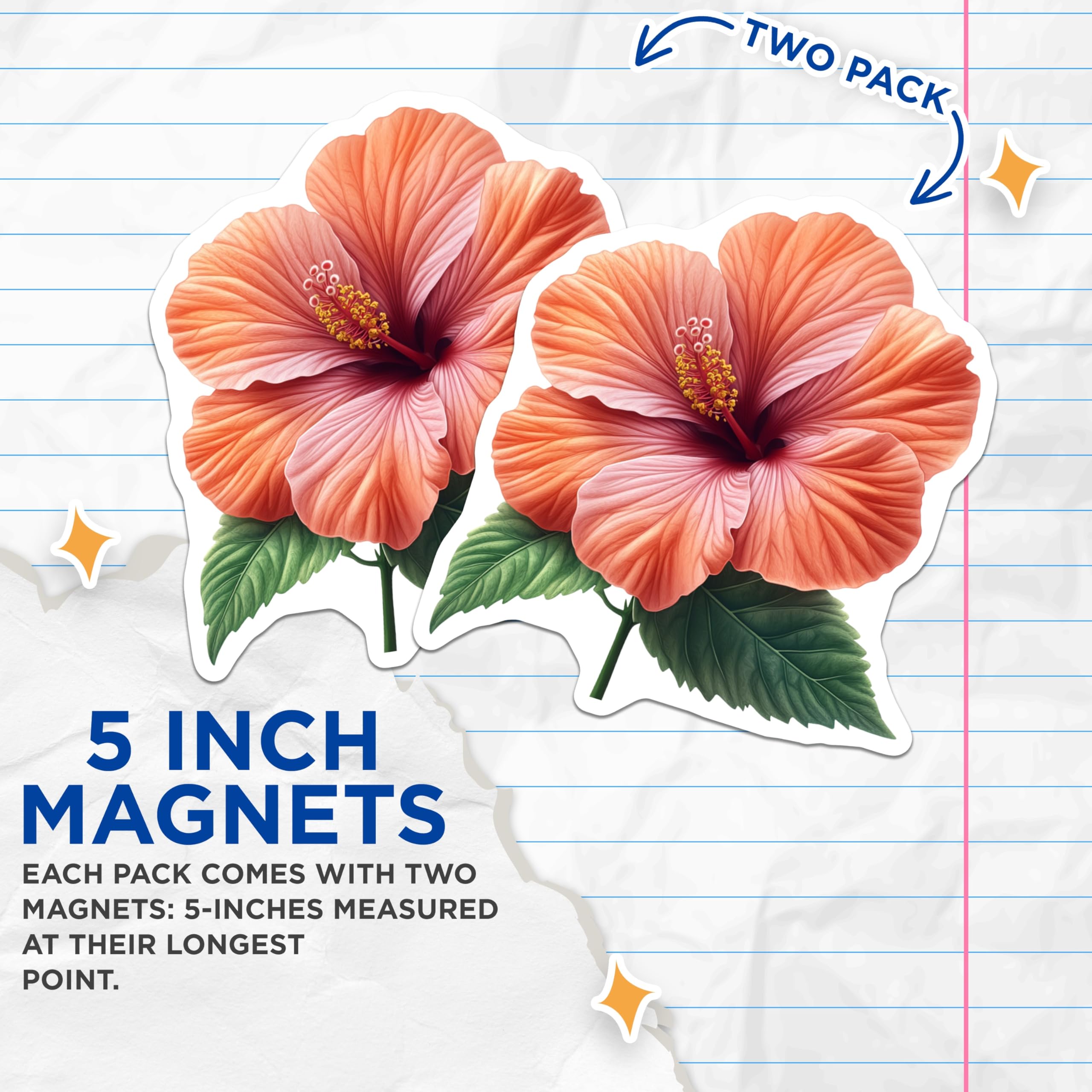 (2 Pack) Vibrant Hibiscus Flower Magnets - Tropical Floral Decor Aesthetic - Summer Kitchen Fridge Magnets - 5 Inches On Longest Side - Thick Durable Magnet - Made in USA - MAG30076