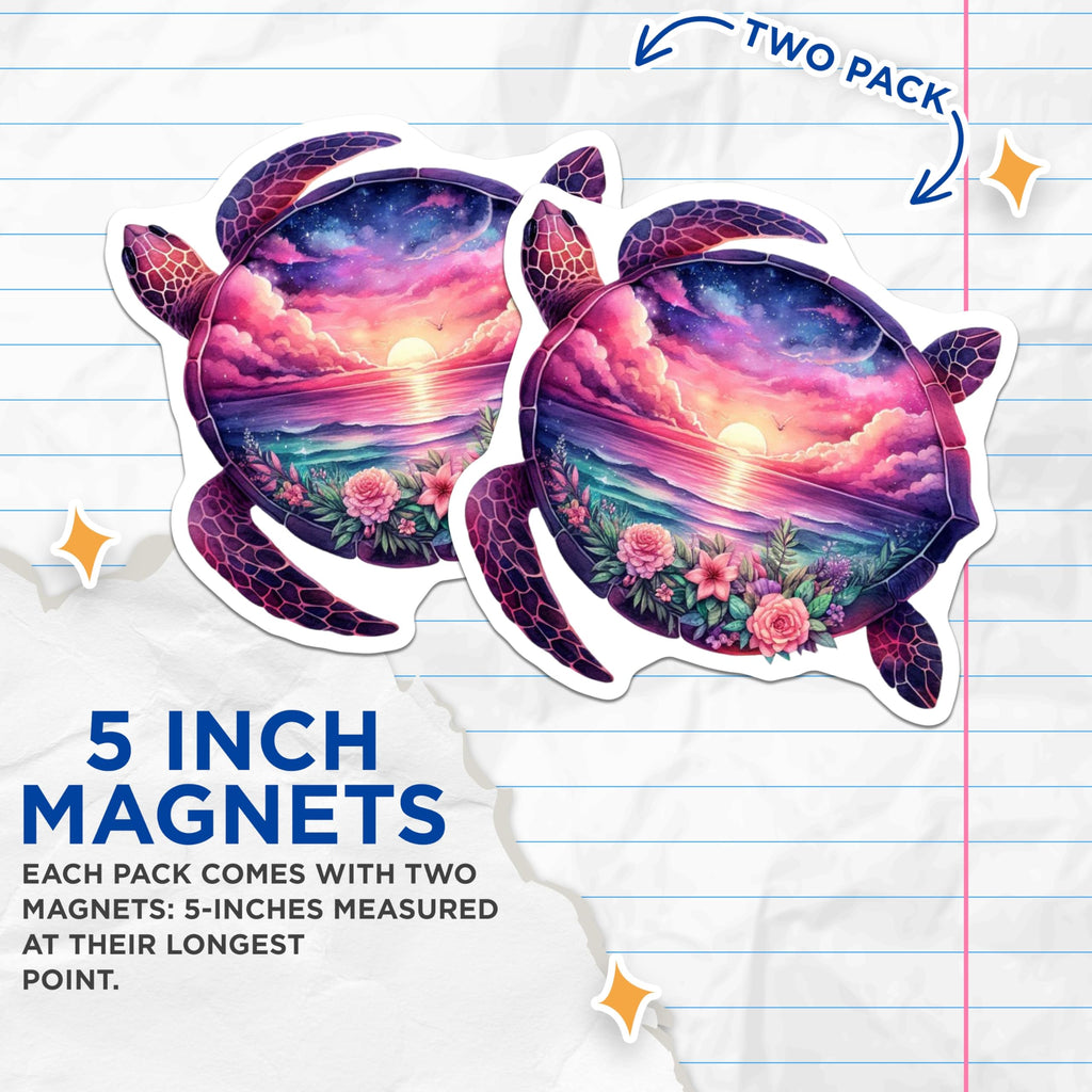 (2 Pack) Sea Turtle Magnets - Sunset Ocean View - Floral Shell Decor - Celestial Beach Theme - 5 Inches On Longest Side - Thick Durable Magnet - Made in USA - MAG22449