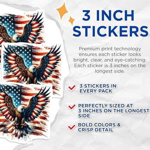 (3 Pack) American Eagle Decals - USA Flag - Laptop Decals- 3 Inches On Longest Side - Easy Peel & Apply - Made in USA - 3MCS5717