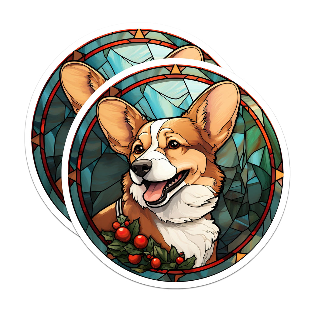 (2 Pack) Corgi Stained Glass Magnets - Christmas Dog Decor - Refrigerator Holiday Art - 5 Inches On Longest Side - Thick Durable Magnet - Made in USA - MAG23720