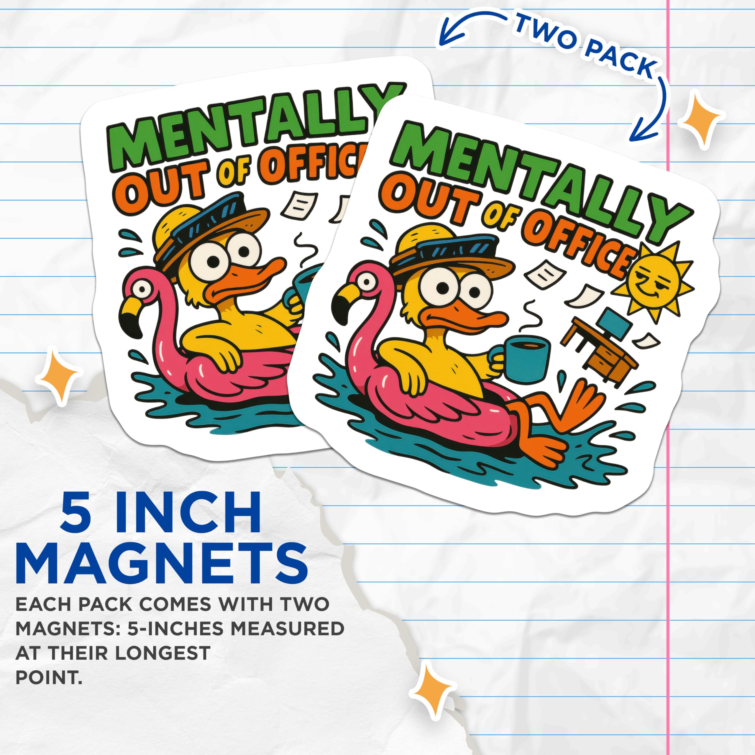 (2 Pack) Mentally Out of Office Magnets - Funny Duck Flamingo Float - Summer Vacation Mood Desk Humor - 5 Inches On Longest Side - Thick Durable Magnet - Made in USA - MAG20699