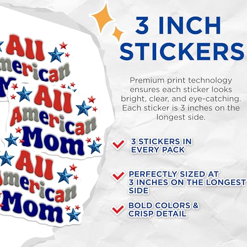 (3 Pack) All American Mom Decals - Patriotic Mother - USA Pride - 3 Inches On Longest Side - Easy Peel & Apply - Made in USA - 3MCS6210