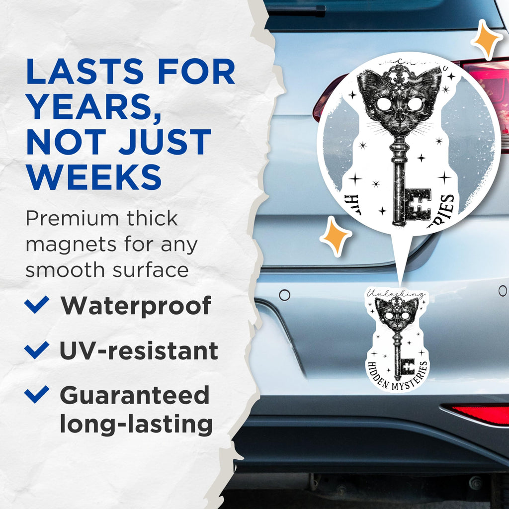 (2 Pack) Cat Key Magnets - Unlocking Mysteries Magnets - Gothic Decorative Art Magnets - 5" On Longest Side - for Cars, Refrigerators, Toolboxes, Lockers - Made in USA MAG3601
