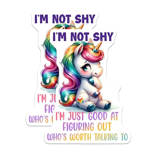 (2 Pack) Cute Unicorn Stickers - I'm Not Shy - Rainbow Decals Funny for Kids - 5" On Longest Side - Sticks to Smooth Flat Surfaces - Made in USA - BMCS7970