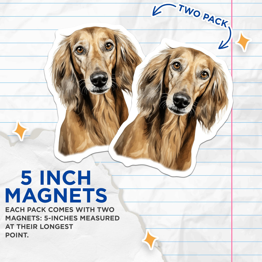 (2 Pack) Saluki Dog Portrait Magnets - Elegant Hound Art Decor - Pet Lover Home Accessory for Dog Owners - 5 Inches On Longest Side - Thick Durable Magnet - Made in USA - MAG30578