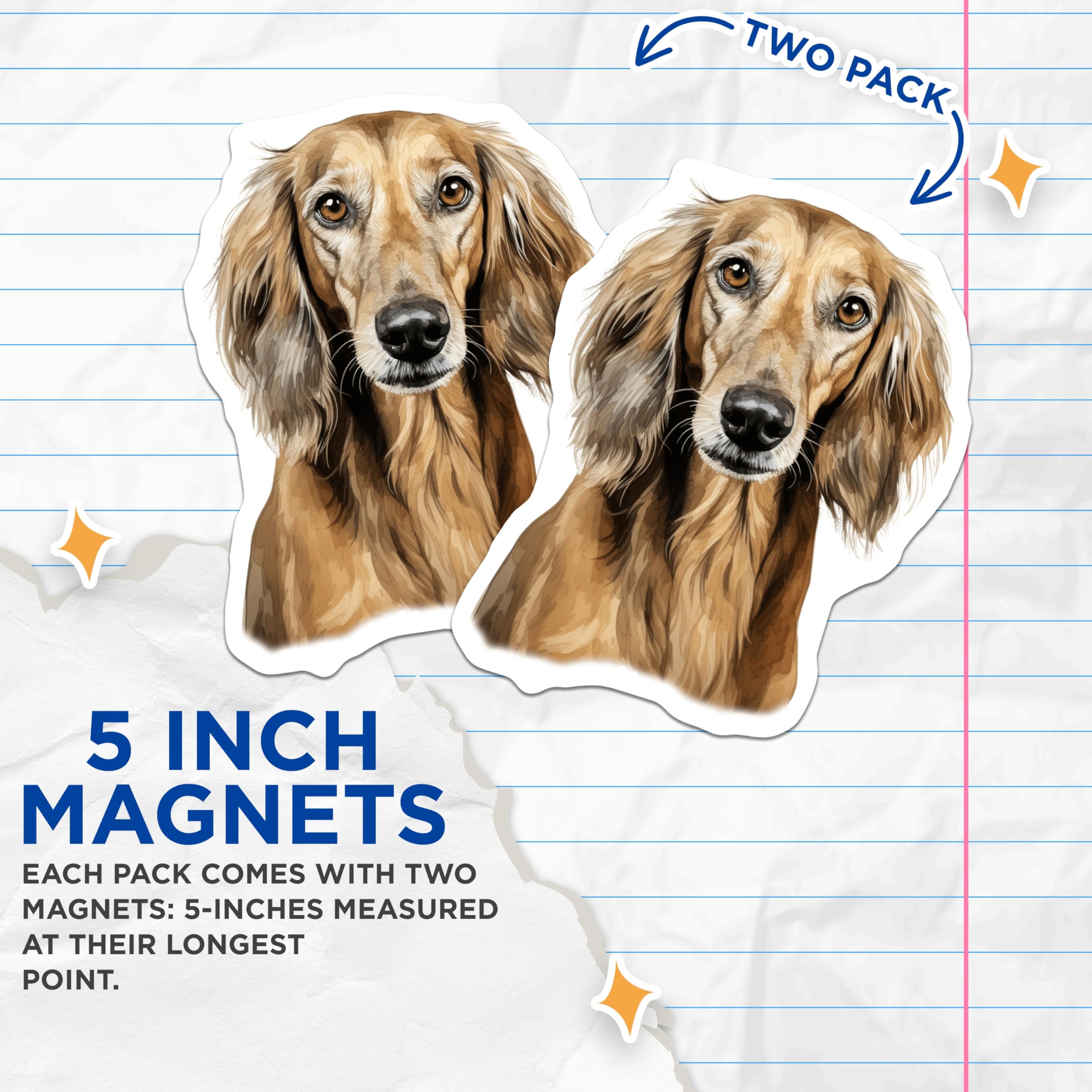 (2 Pack) Saluki Dog Portrait Magnets - Elegant Hound Art Decor - Pet Lover Home Accessory for Dog Owners - 5 Inches On Longest Side - Thick Durable Magnet - Made in USA - MAG30578