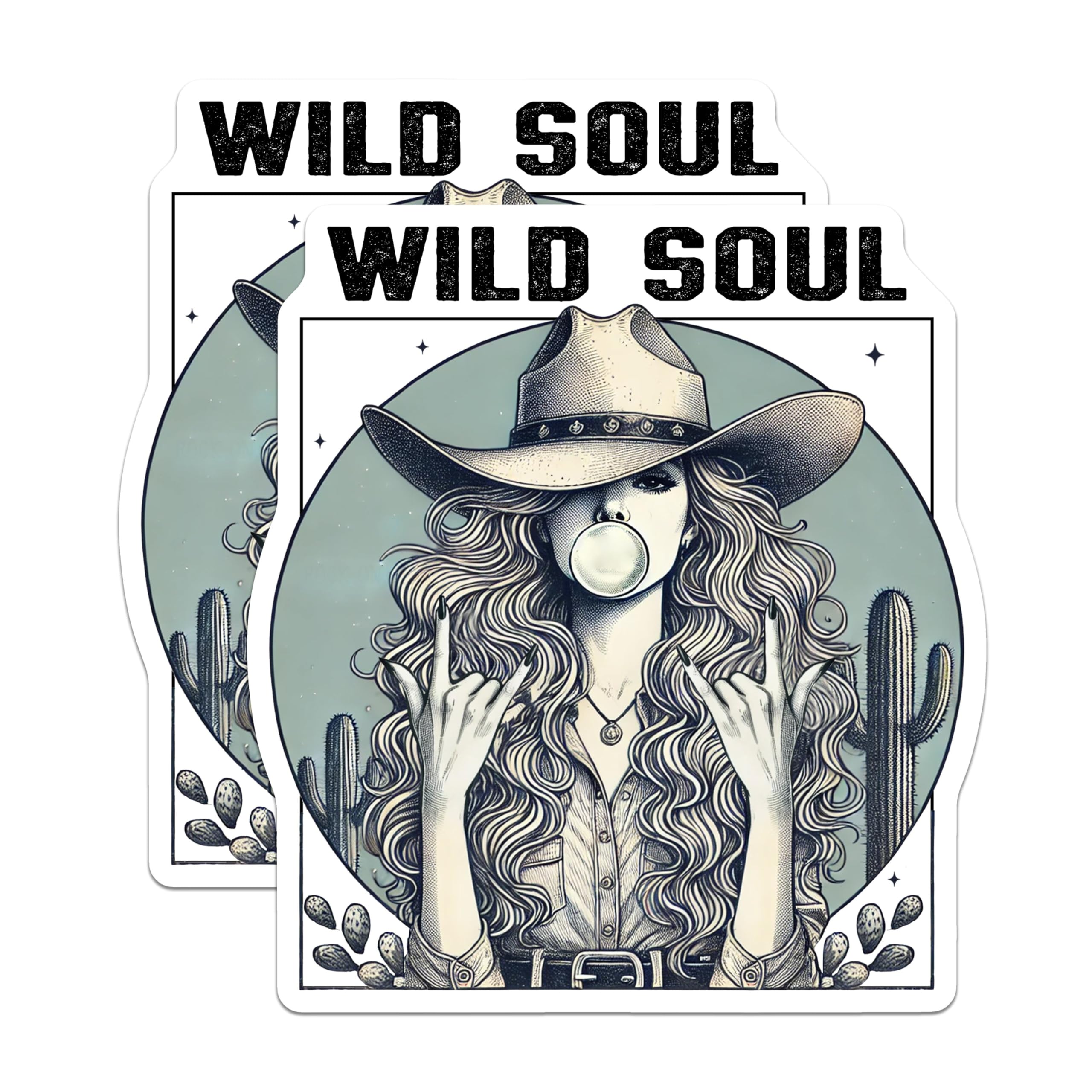 (2 Pack) Wild Soul Stickers - Cowgirl Bubblegum Sticker - Western Desert Design - Boho Cowgirl Art Sticker - 5" On Longest Side - Sticks to Smooth Flat Surfaces - Made in USA - BMCS6413