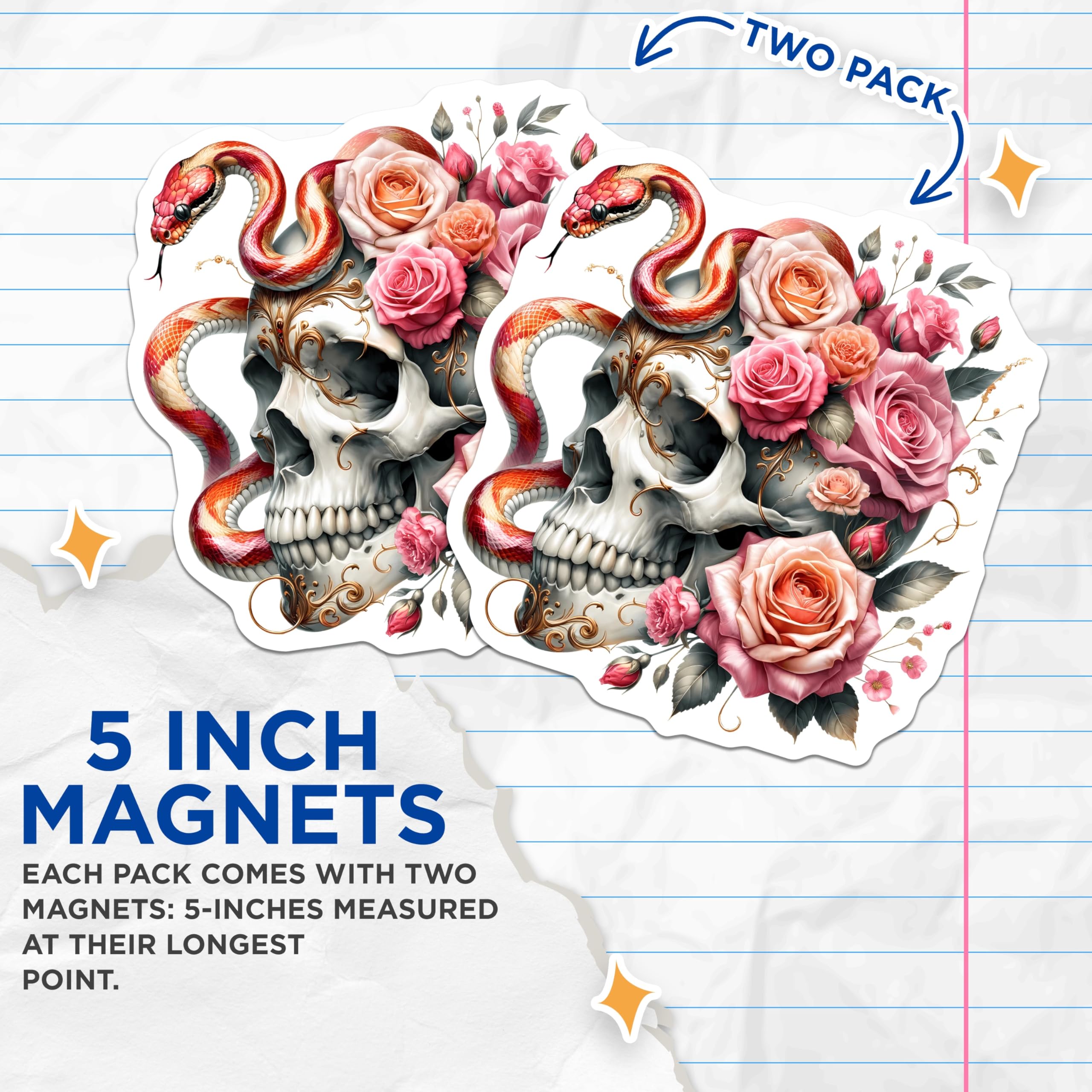 (2 Pack) Skull Snake Roses Magnets - Gothic Floral Decor - Macabre Aesthetic Fridge - 5 Inches On Longest Side - Thick Durable Magnet - Made in USA - MAG22934