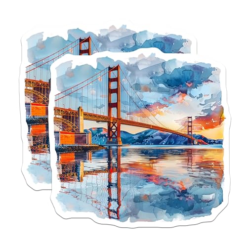 (2 Pack) Golden Gate Bridge Art Stickers - Travel Landmark Stickers - Watercolor Scenery Stickers - 5" On Longest Side - Sticks to Smooth Flat Surfaces - Made in USA - BMCS5192