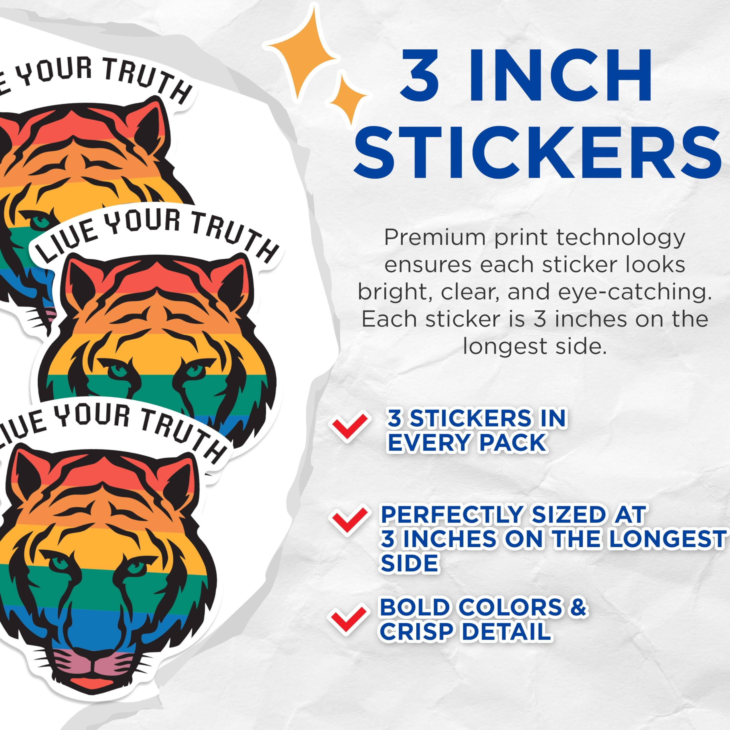 (3 Pack) Pride Tiger Decals - Rainbow Tiger Decal - Laptop Decal - 3 Inches On Longest Side - Easy Peel & Apply - Made in USA - 3MCS0565
