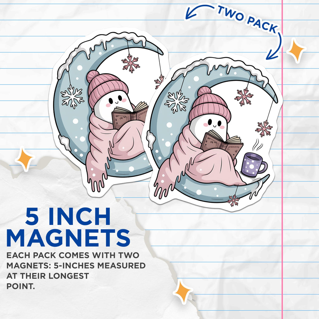 (2 Pack) Cozy Winter Reading Magnets - Cute Moon Bookworm - Hot Cocoa Snowflakes Decor - 5 Inches On Longest Side - Thick Durable Magnet - Made in USA - MAG20336