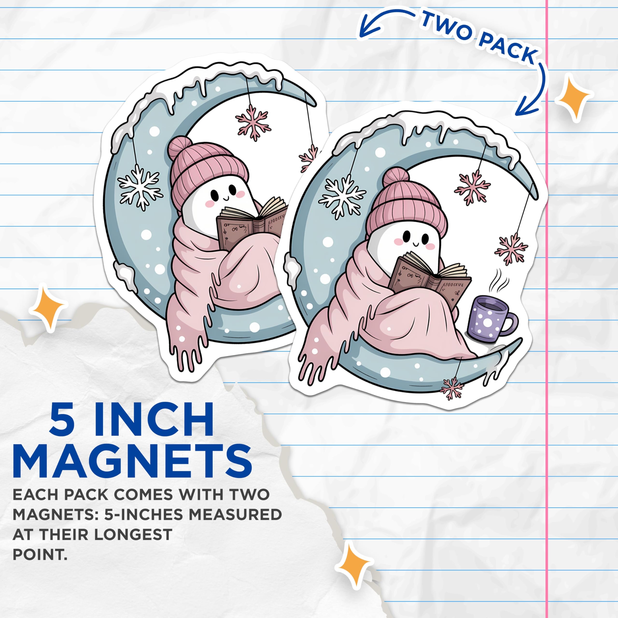 (2 Pack) Cozy Winter Reading Magnets - Cute Moon Bookworm - Hot Cocoa Snowflakes Decor - 5 Inches On Longest Side - Thick Durable Magnet - Made in USA - MAG20336