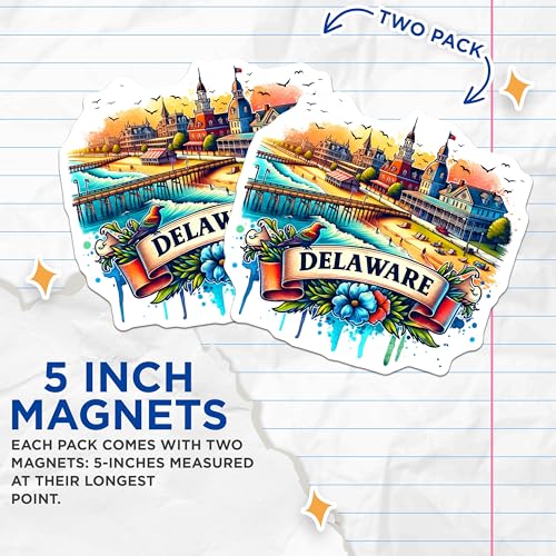(2 Pack) Delaware State Magnets - Travel Souvenir - Colorful Landscape - State Memory Keepsake - 5" On Longest Side - for Cars, Fridges, Toolboxes - Made in USA - MAG6815