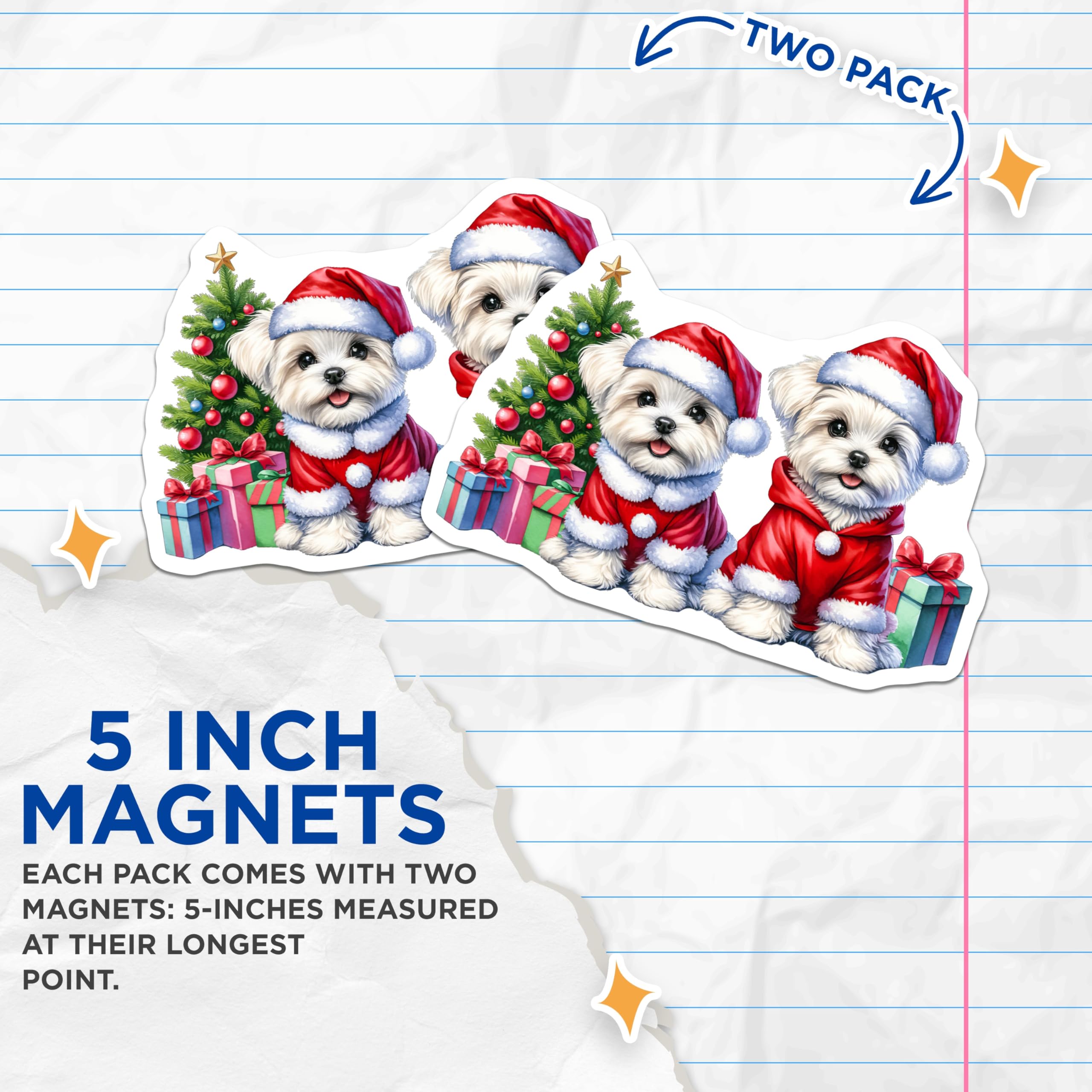 (2 Pack) Santa Puppies Magnets - Christmas Dog Holiday Decor - Cute Maltese Puppy Refrigerator - 5 Inches On Longest Side - Thick Durable Magnet - Made in USA - MAG29482