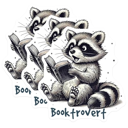 (3 Pack) Booktrovert Raccoon Decals - Reader Animal Decal - Introvert Laptop Decals- 3 Inches On Longest Side - Easy Peel & Apply - Made in USA - 3MCS5631