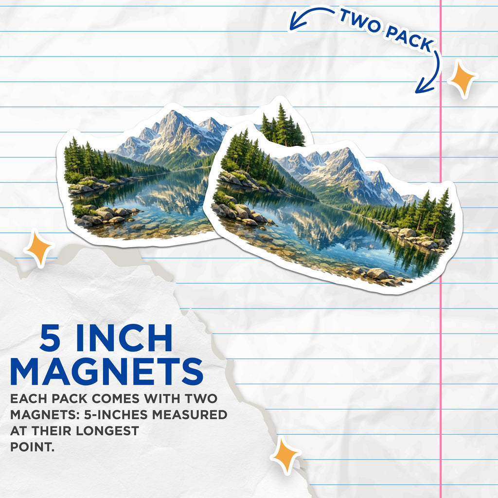 (2 Pack) Mountain Lake Landscape Magnets - Scenic Nature Wilderness Art - Outdoors Adventure Decor - Refrigerator Travel Souvenir - 5" - Thick Durable Magnet - Made in USA - MAG39462