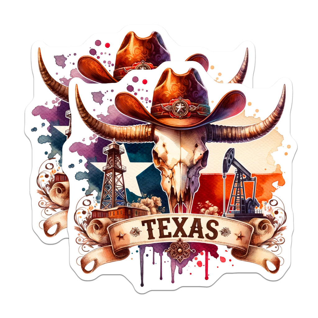(2 Pack) Texas Cowboy Skull Stickers - Western Texas Art - Longhorn Oil Rig Design - 5" On Longest Side - Sticks to Smooth Flat Surfaces - Made in USA - BMCS6877