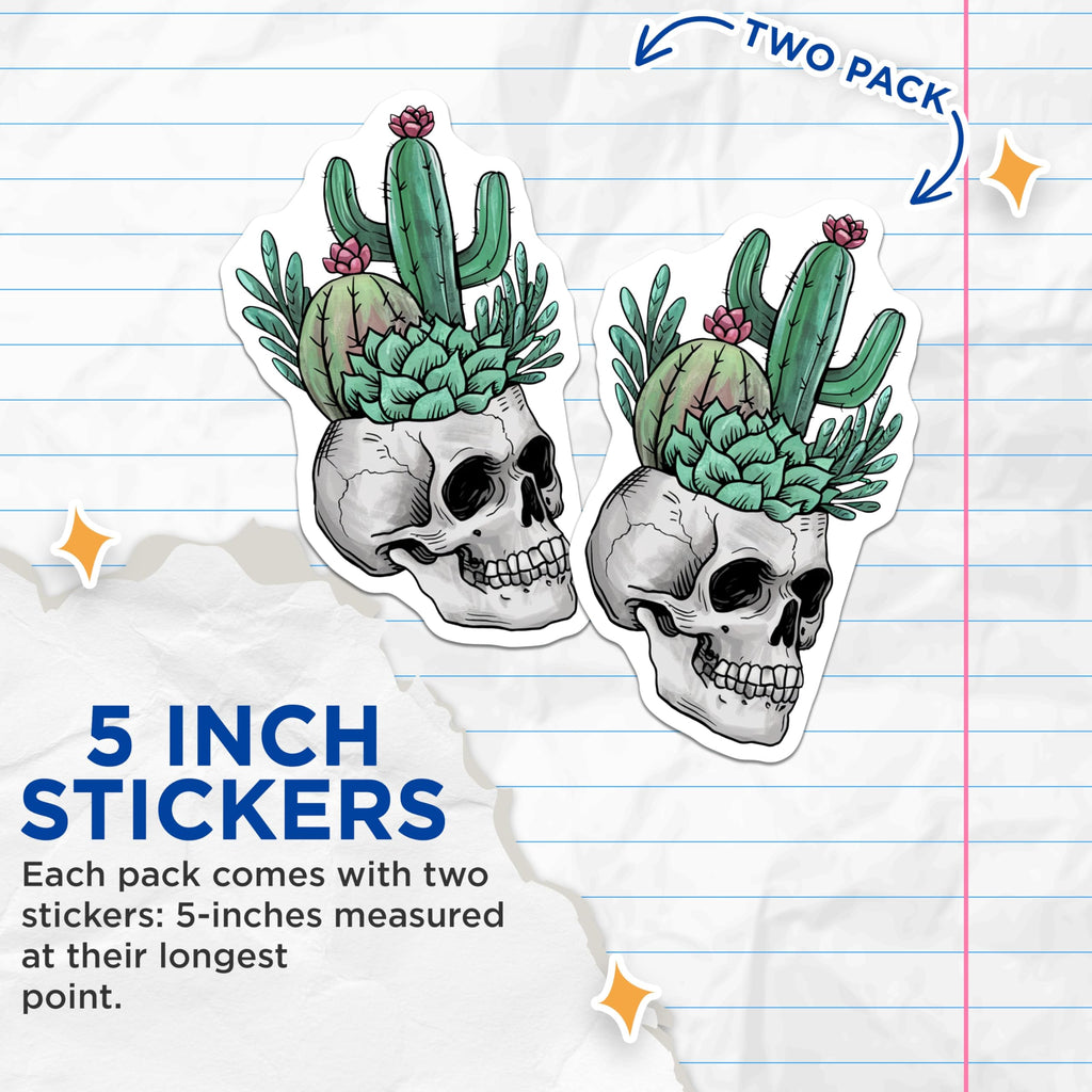 (2 Pack) Skull Cactus Stickers - Unique Plant Art - Gothic Home Decor Stickers - 5" On Longest Side - Sticks to Smooth Flat Surfaces - Made in USA - BMCS17911