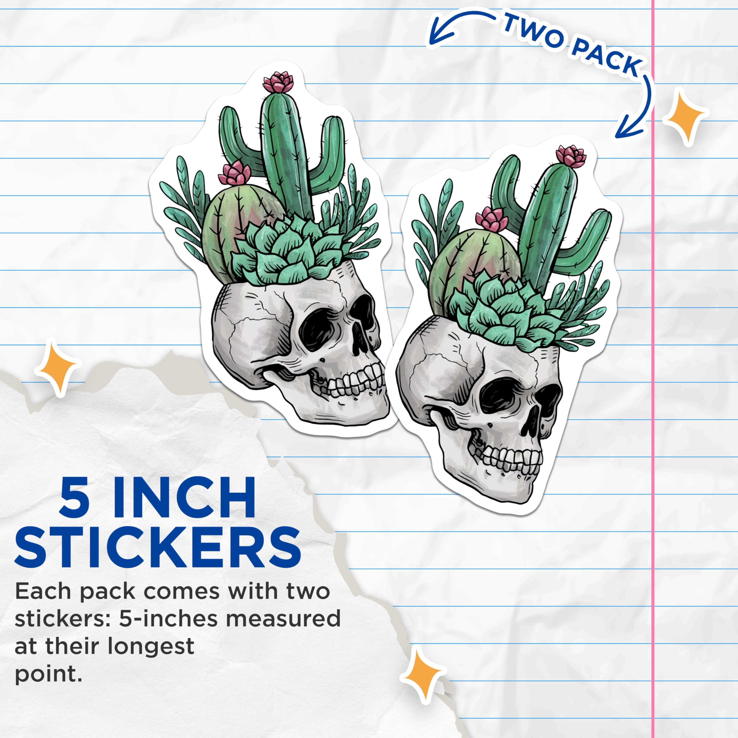(2 Pack) Skull Cactus Stickers - Unique Plant Art - Gothic Home Decor Stickers - 5" On Longest Side - Sticks to Smooth Flat Surfaces - Made in USA - BMCS17911