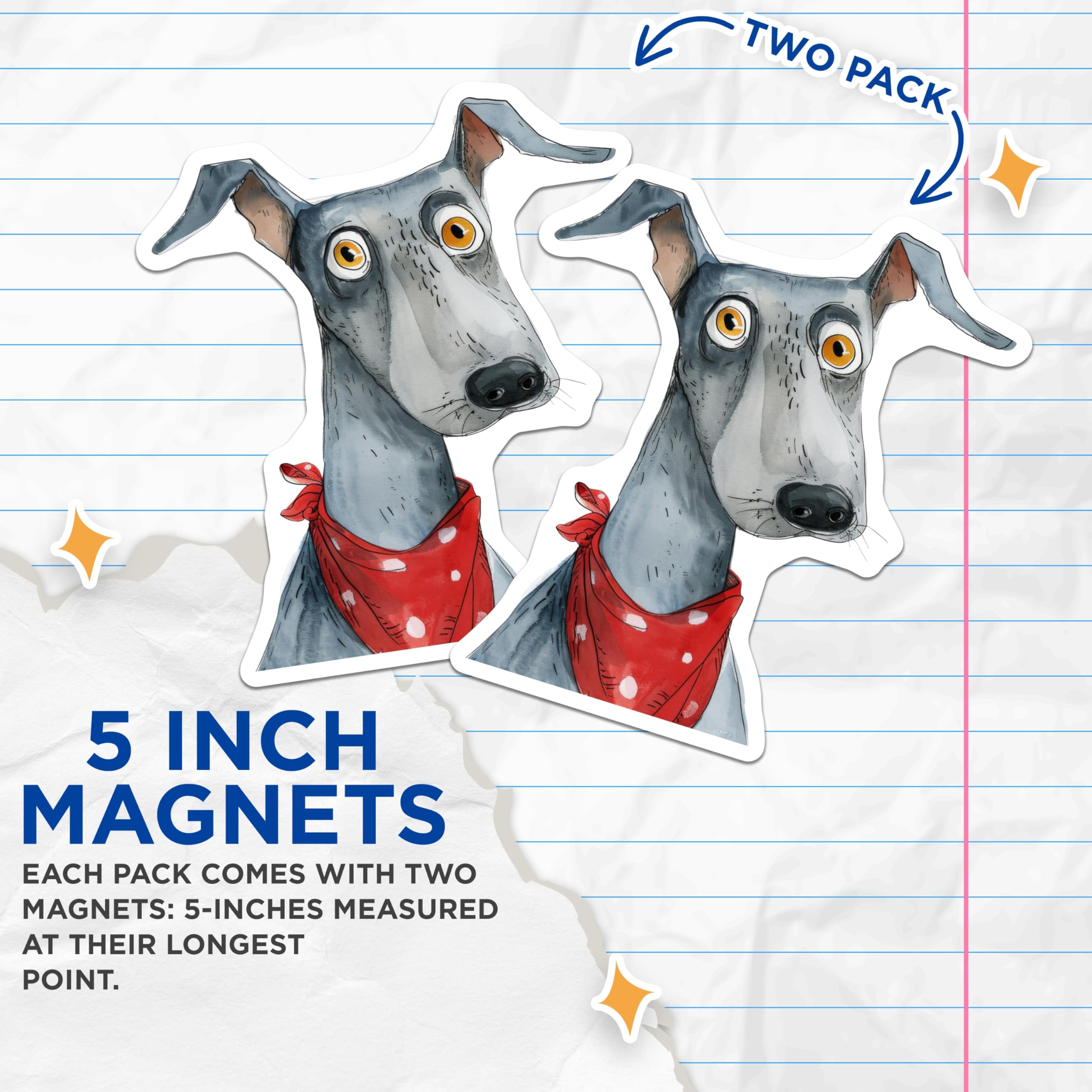 (2 Pack) Greyhound Dog Magnets - Quirky Pet Art - Whimsical Animal Lover Decor - Fridge Locker Accent - 5 Inches On Longest Side - Thick Durable Magnet - Made in USA - MAG27675