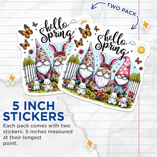 (2 Pack) Hello Spring Stickers - Cute Gnomes Illustration - Springtime Bunny Rabbits and Flowers - 5" On Longest Side - Sticks to Smooth Flat Surfaces - Made in USA - BMCS7999