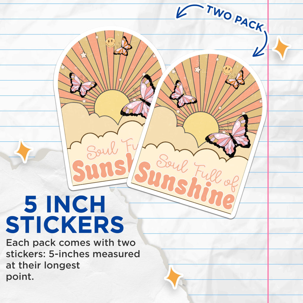 (2 Pack) Soul Full of Sunshine Stickers - Butterfly Sun Stickers - Vintage Aesthetic Decal - 5" On Longest Side - Sticks to Smooth Flat Surfaces - Made in USA - BMCS7274